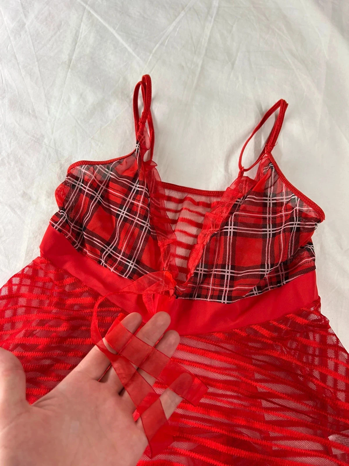 Vestido curto vermelho com renda coquete vintage em poliamida – photo 5